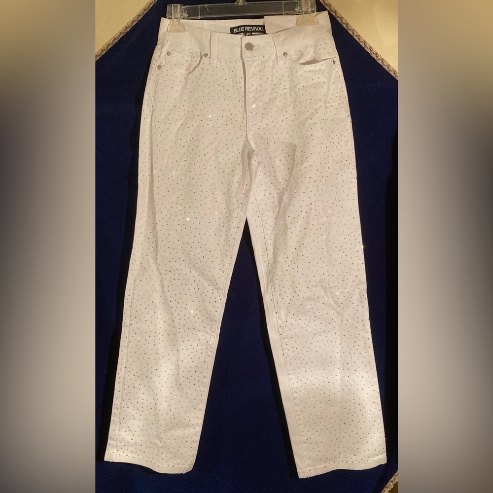 Rhinestone Studded Blue Revival White Jeans